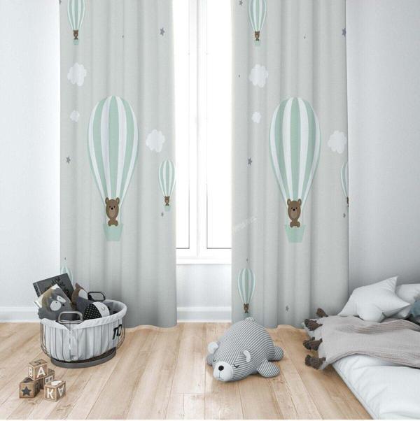 Cici Odam 1 Kanat Çocuk Odası Perdesi Fon Perde Yıldızlı Uçan Balon Ayıcık - Image 1