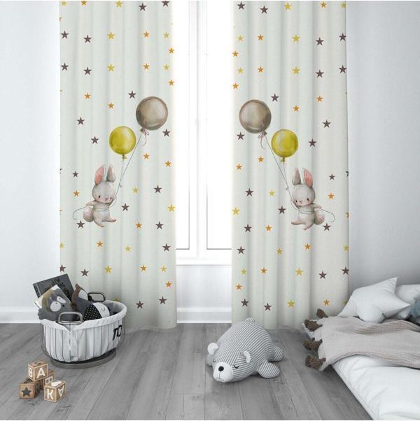 Cici Odam 1 Kanat Çocuk Odası Perdesi Fon Perde Yıldızlı Balon Tutan Tavşan - Image 1