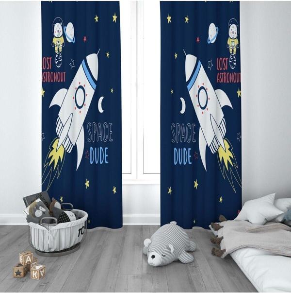 Cici Odam 1 Kanat Çocuk Odası Perdesi Fon Perde Astronot Uzay Roket - Image 1