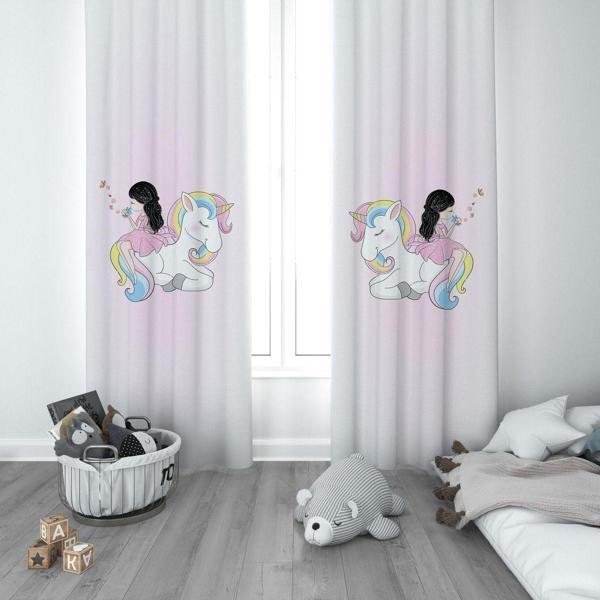 Cici Odam 1 Kanat Çocuk Odası Perdesi Fon Perde Renkli Unicorn Elinde Kelebek Kız - Image 1