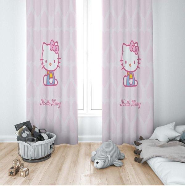 Cici Odam 1 Kanat Çocuk Odası Perdesi Fon Perde Kalpli Hello Kitty - Image 1