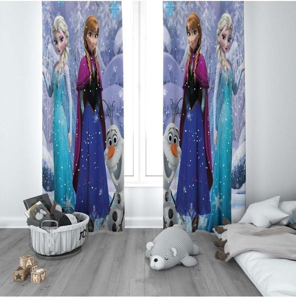 Cici Odam 1 Kanat Çocuk Odası Perdesi Fon Perde Frozen Elsa ve Anna - Image 1