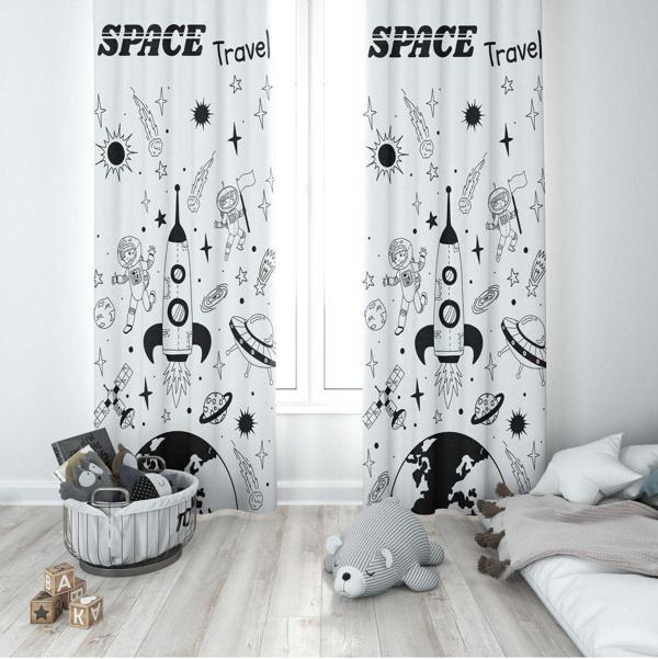 Cici Odam 1 Kanat Çocuk Odası Perdesi Fon Perde Space Travel Astronot Gezegenler - Image 1