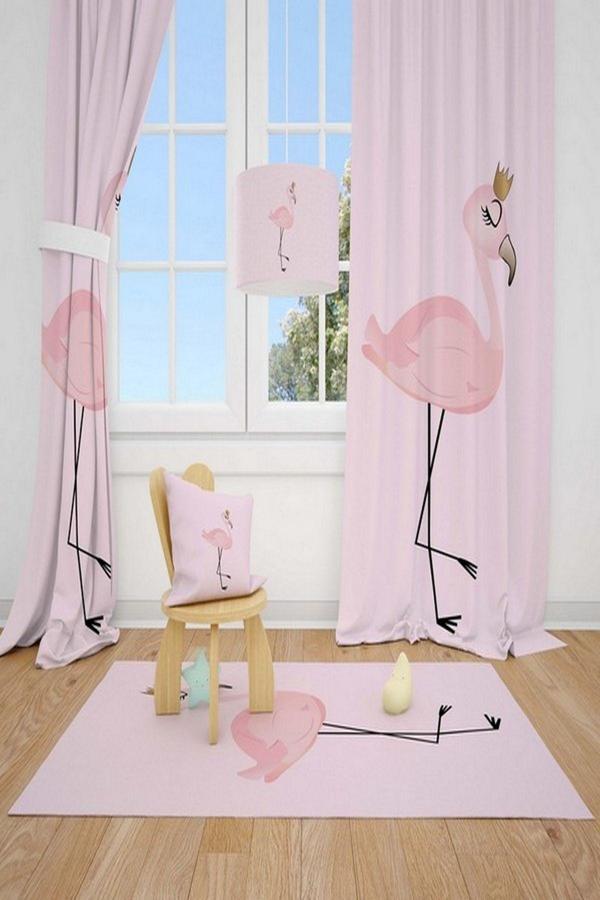 Cici Odam 2 Kanat Flamingo Taç Hayvanlar Çocuk Odası Perdesi Fon Perde - Image 1