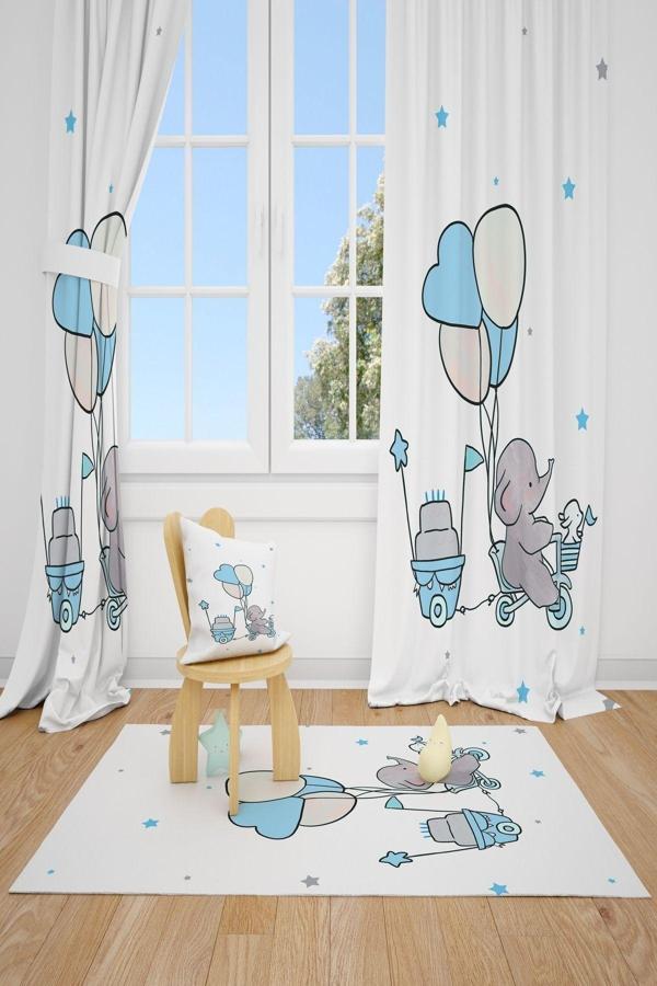 Cici Odam 2 Kanat Balon Içinde Fil Little Prince Bebek Çocuk Odası Perdesi Fon Perde - Image 1