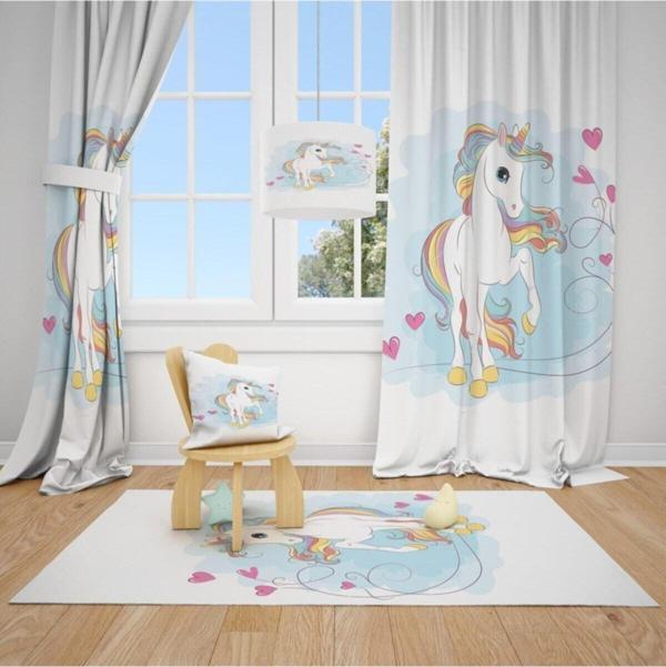 Cici Odam 2 Kanat Unicorn At, Renkli Yelesi Çocuk Bebek Odası Perdesi Fon Perde - Image 1