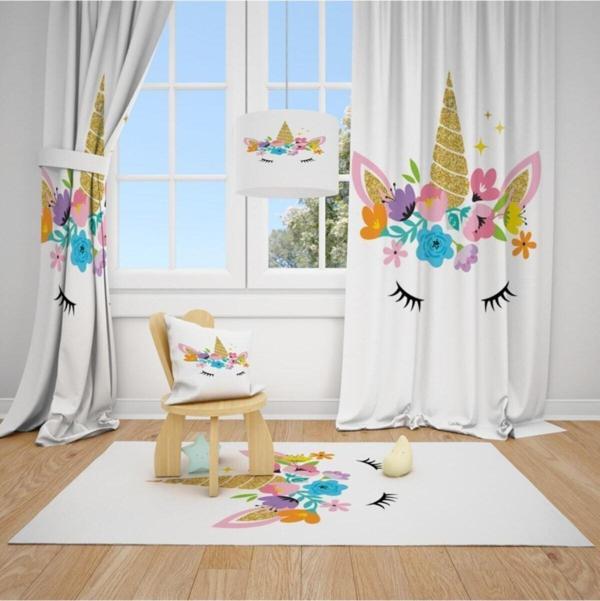 Cici Odam 2 Kanat Unicorn At,çiçek Taç Çocuk Bebek Odası Perdesi Fon Perde - Image 1