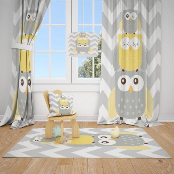 Cici Odam 2 Kanat Üst Üste Çıkmış Baykuşlar Çocuk Bebek Odası Perdesi Fon Perde - Image 1