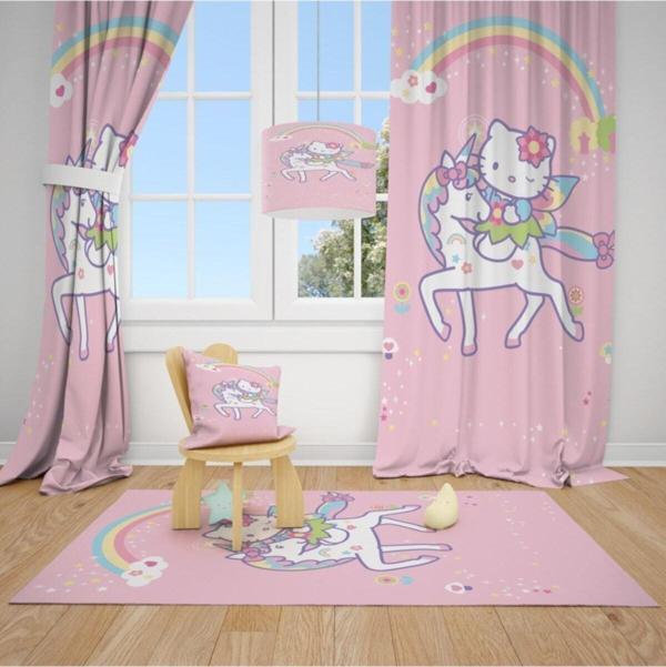 Cici Odam 2 Kanat Hello Kity,ünicorn At ,gökkuşağı,çiçek Çocuk Bebek Odası Perdesi Fon Perde - Image 1