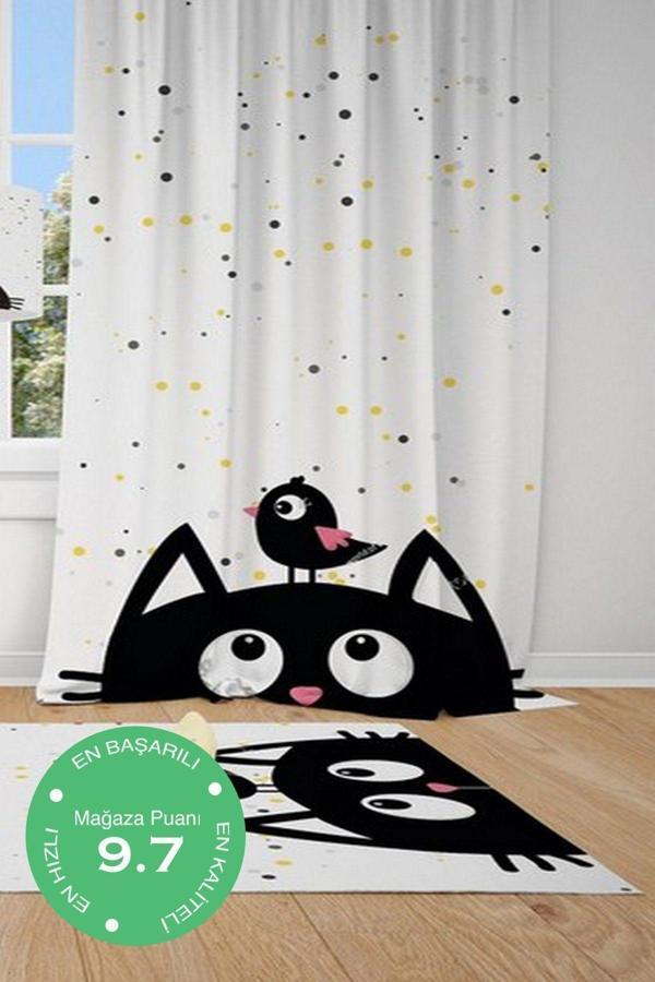 Cici Odam 1 Kanat Renkli Puantiye Kedi Kuş Çocuk Bebek Odası Perdesi Fon Perde - Image 1