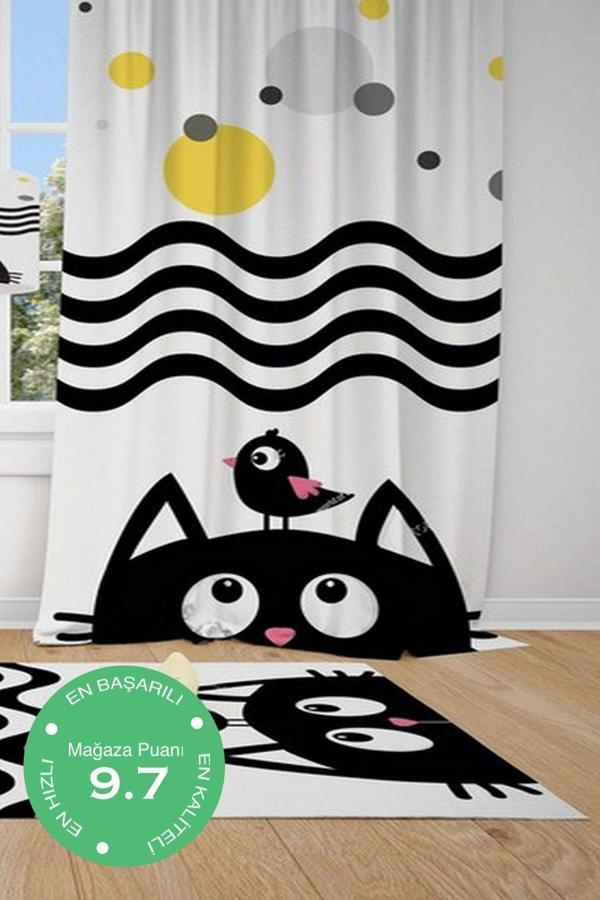 Cici Odam 1 Kanat Kedi,kuş,güneş Çocuk Bebek Odası Perdesi Fon Perde - Image 1