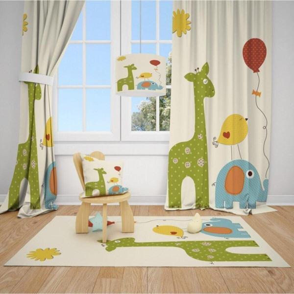 Cici Odam 2 Kanat Fil,zürafa,kuş,uçan Balon Çocuk Bebek Odası Perdesi Fon Perde - Image 1