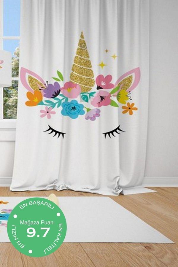 Cici Odam 1 Kanat Unicorn At,çiçek Taç Çocuk Bebek Odası Perdesi Fon Perde - Image 1