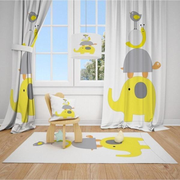 Cici Odam 2 Kanat Fil, Kaplumbağa,salyangoz,kuş Çocuk Bebek Odası Perdesi Fon Perde - Image 1