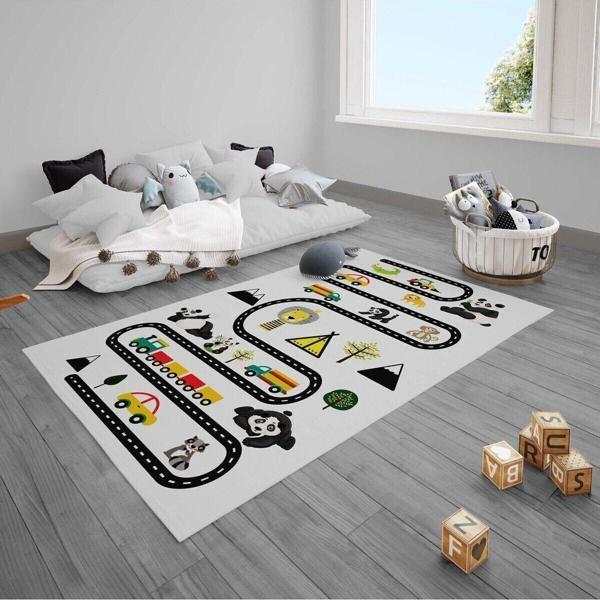 Cici Odam Çocuk Bebek Odası Halısı Araba Yolu Arabalar Aslan Panda Tren Vagonlu - Image 1