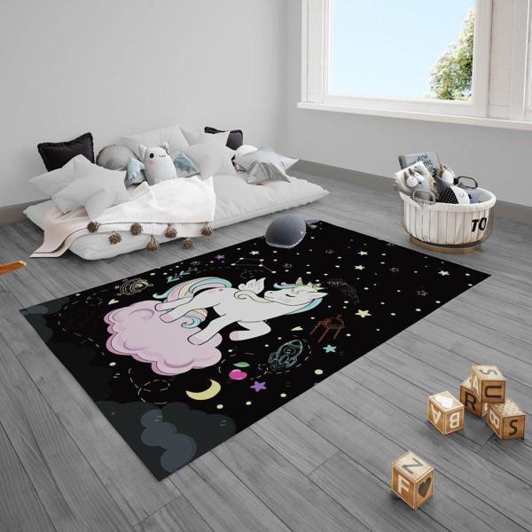 Cici Odam Çocuk Bebek Odası Halısı Pembe Bulutlu Yıldızlı Unicorn - Image 1