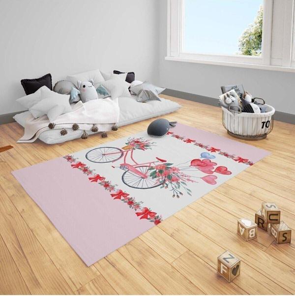 Cici Odam Çocuk Bebek Odası Halısı Fiyonklu Çiçekli Bisiklet - Image 1