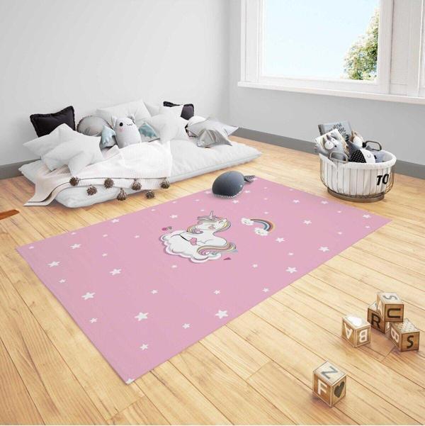 Cici Odam Çocuk Bebek Odası Halısı Yıldızlı Bulutlu Unicorn Gökkuşağı - Image 1