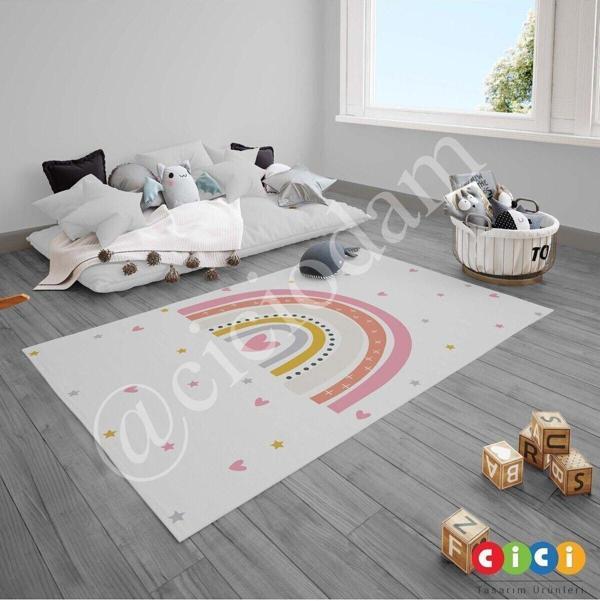 Cici Odam Çocuk Bebek Odası Halısı Serpme Yıldızlı Kalpli Gökkuşağı - Image 1