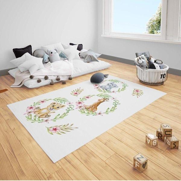 Cici Odam Çocuk Bebek Odası Halısı Çiçekli Zürafa Fil Aslan - Image 1