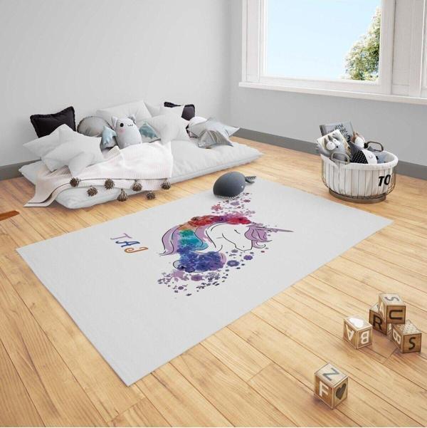 Cici Odam Çocuk Bebek Odası Halısı Çiçekli Unicorn - Image 1