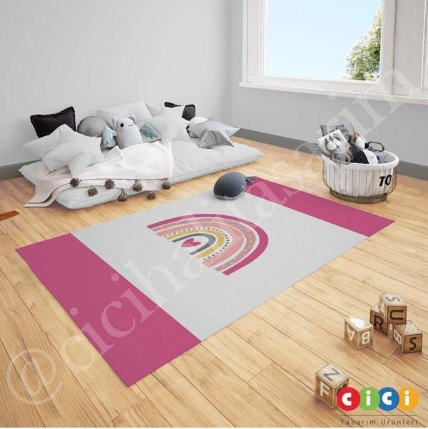 Cici Odam Çocuk Bebek Odası Halısı Renkli Gökkuşağı ve Kalp - Image 1