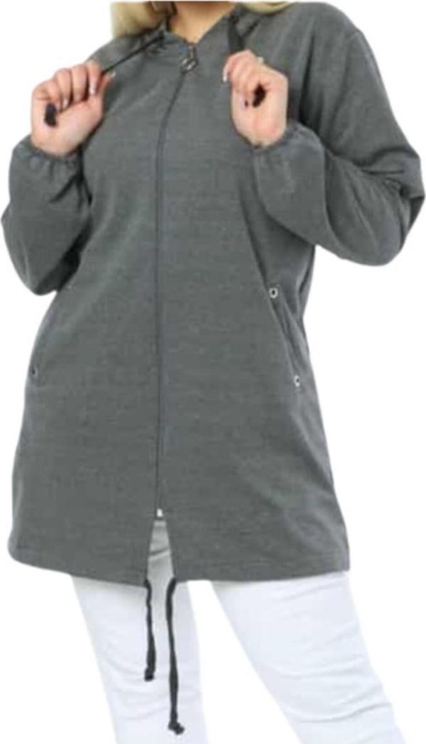 El&Ma Design Kadın Gri Cepli Kapüşonlu Büyük Beden Kap Mont - Image 1