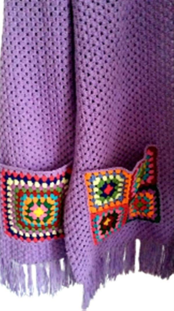 El&Ma Design El Örgüsü Cepli Lila Motifli Kadın Şal Atkı - Image 1