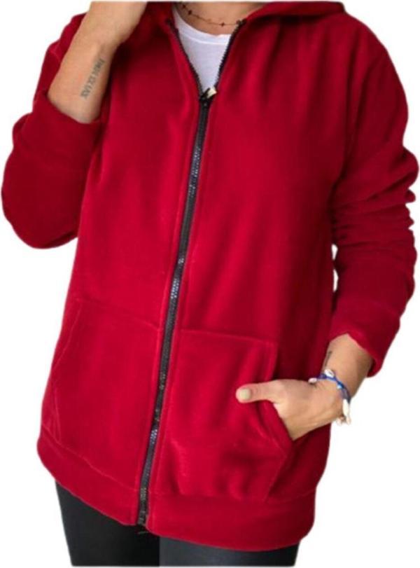El&Ma Design Kadın Kırmızı Fermuarlı Kapüşonlu Cepli Polar Mont - Image 1