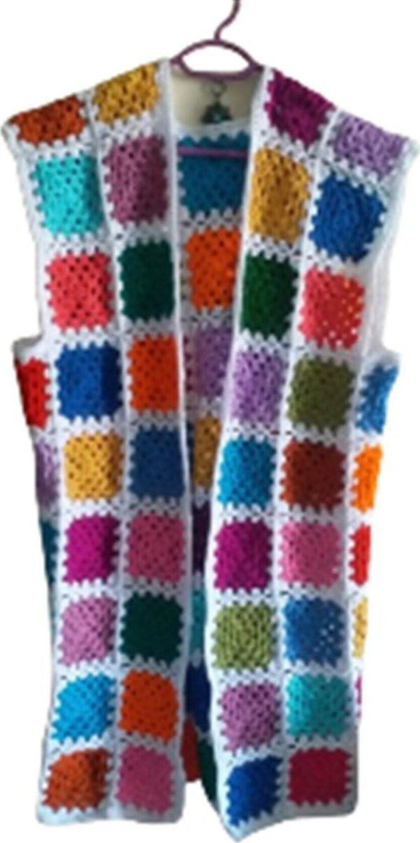 El&Ma Design El Örgüsü Etnik Otantik Motifli Beyaz Uzun Yelek - Image 1