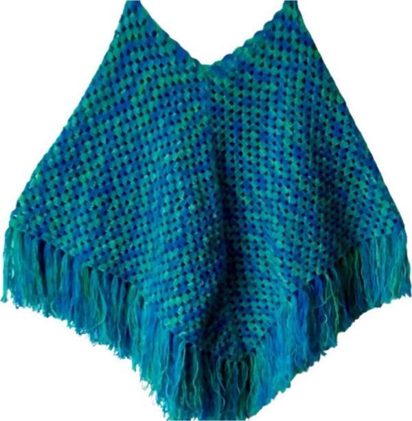 El&Ma Design El Örgüsü Mavi & Yeşil Kırçıllı Kadın Panço - Image 1