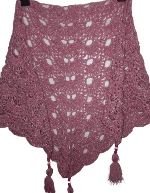 El&Ma Design El Örgüsü Püskül Boncuk Detaylı Pembe Kırçıllı Orta Boy Tiftik Şal - Image 1