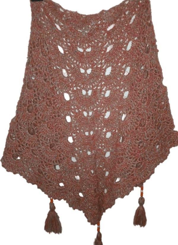 El&Ma Design El Örgüsü Püskül Boncuk Detaylı Somon Kırçıllı Büyük Boy Tiftik Şal - Image 1