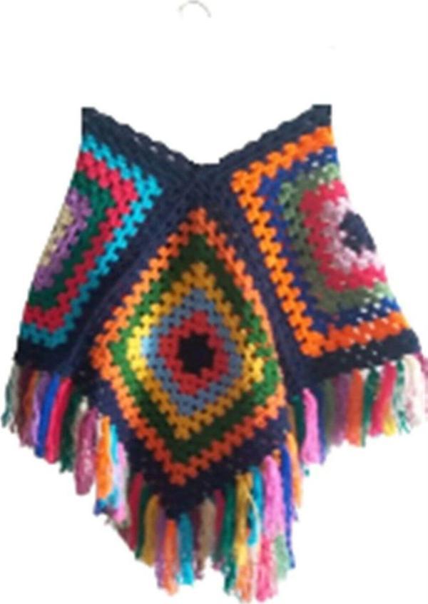 El&Ma Design El Örgüsü Renkli Saçaklı Lacivert Çocuk Panço - Image 1