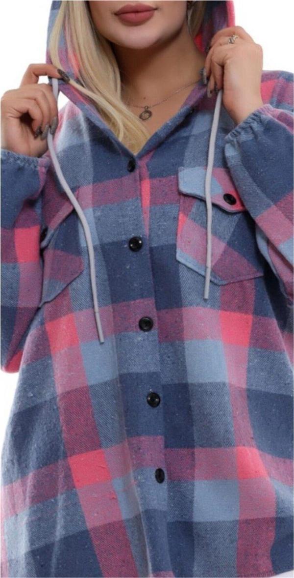 El&Ma Design Kadın Büyük Beden Kapüşonlu Uzun Oduncu Gömlek - Image 1