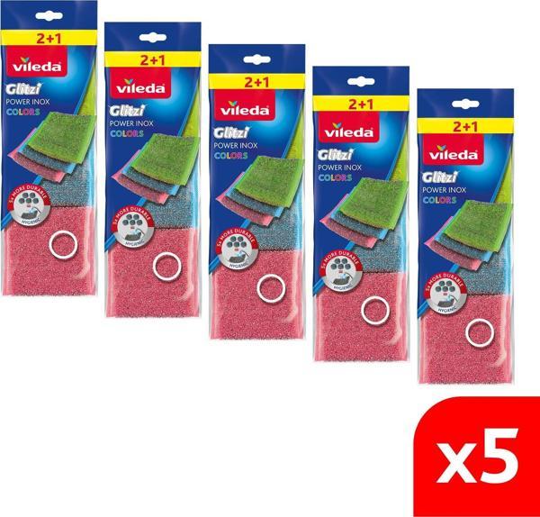 Vileda 5 Paket 3 lü Power Inox COLORS Çelik Bulaşık Sünger - Image 1
