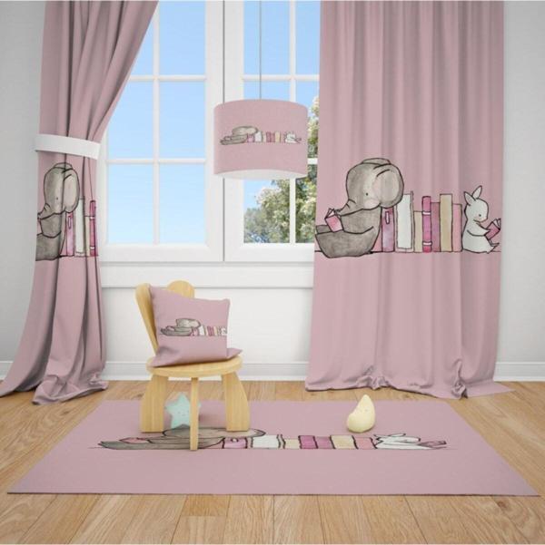 Cici Odam 2 Kanat Pembe Zemin,kitap Okuyan Fil Ve Tavşan Çocuk Bebek Odası Perdesi Fon Perde - Image 1