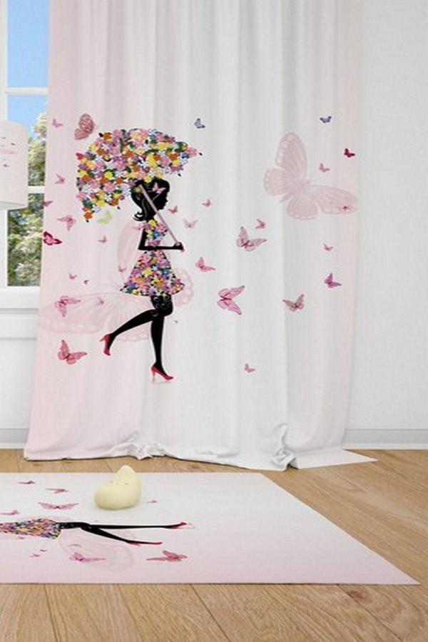 Cici Odam 1 Kanat Cici Halı Pastel Şemsiye Kelebekli Çocuk Bebek Odası Fon Perde - Image 1