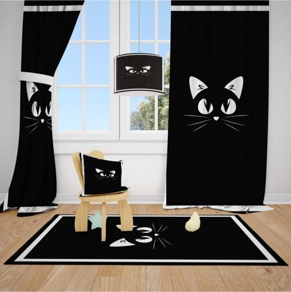 Cici Odam 2 Kanat Siyah Zemin,kedi Çocuk Bebek Odası Perdesi Fon Perde - Image 1