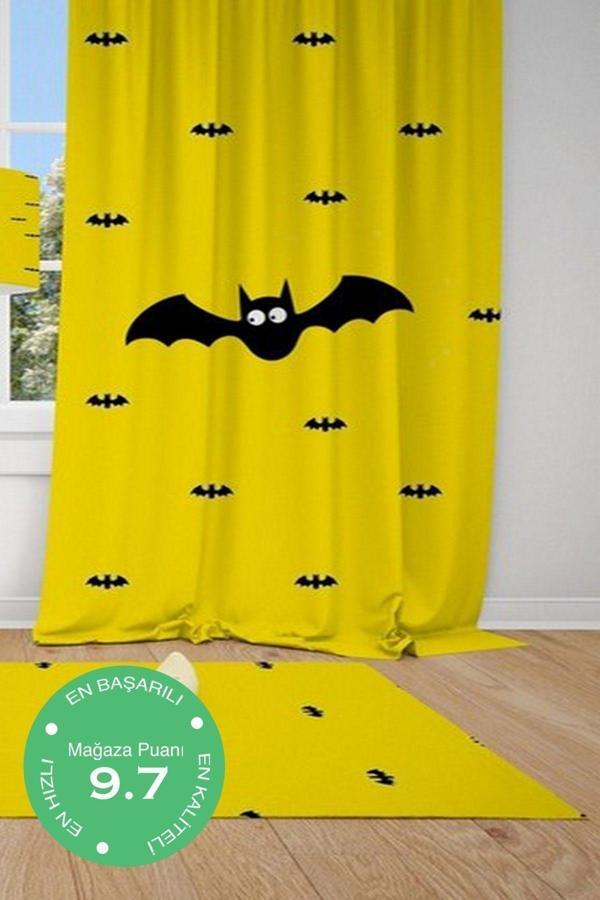 Cici Odam 1 Kanat Sarı Zemin, Siyah Yarasa Batman Motifli Çocuk Bebek Odası Perdesi Fon Perde - Image 1