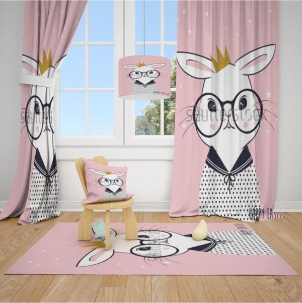 Cici Odam 2 Kanat Gözlüklü Tavşan ,taç , Yıldız Çocuk Bebek Odası Perdesi Fon Perde - Image 1