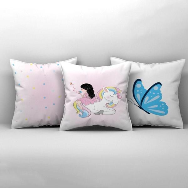 Cici Odam Çocuk Bebek Odası Kırlent Kılıfı Renkli Unicorn Elinde Kelebek Kız - Image 1