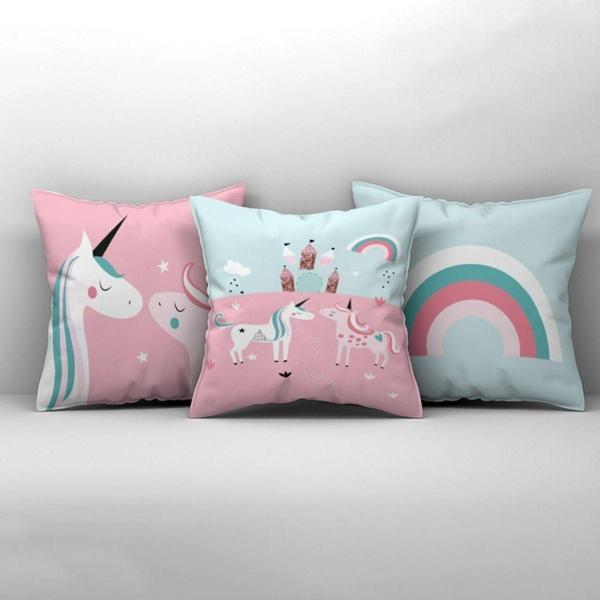 Cici Odam Çocuk Bebek Odası Kırlent Kılıfı Unicornlu Atlar Şato Gökkuşağı - Image 1