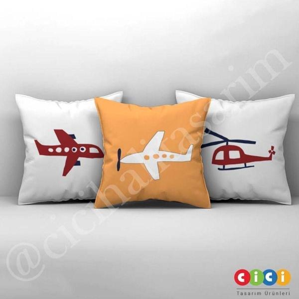 Cici Odam Çocuk Bebek Odası Kırlent Kılıfı Helikopter ve Uçak - Image 1