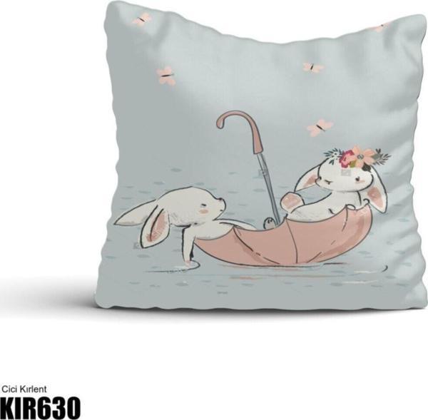 Cici Odam Şemsiye Ile Yüzen Tavşanlar Çocuk Bebek Odası Kırlent Kılıfı - Image 1