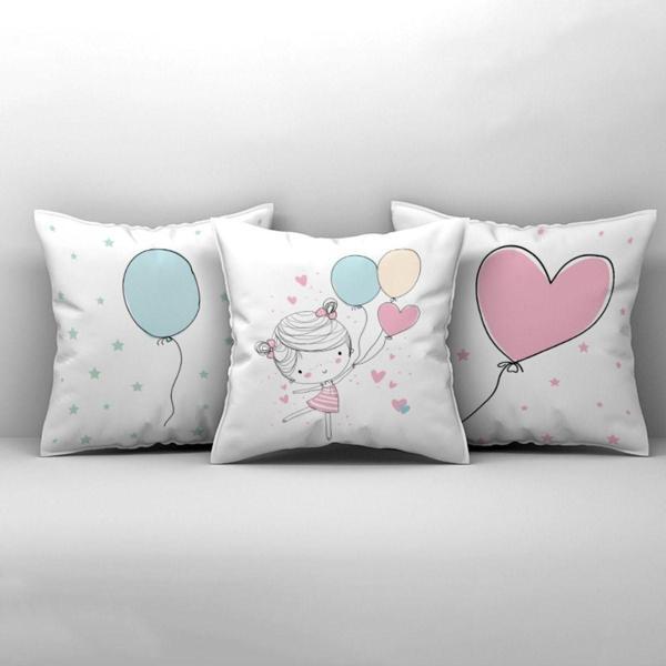 Cici Odam Çocuk Bebek Odası Kırlent Kılıfı Elinde Balon tutan Kız ve Kalpler - Image 1