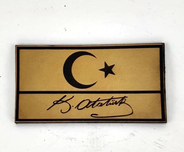 Bayrak Kemal Atatürk İmzalı Deri PEÇ - Arma - Askeri Patch - Image 1