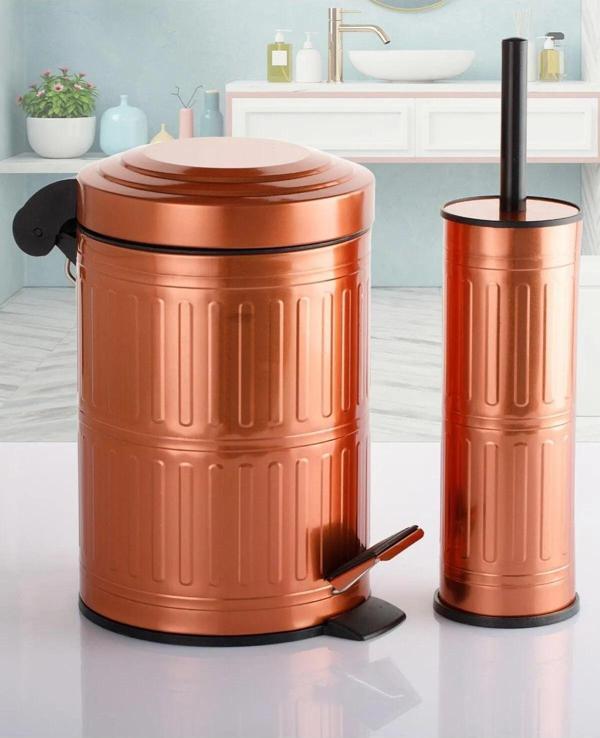  Pedallı Çöp Kovası Tuvalet Wc Fırçası Banyo Çöp Kovası 2li Banyo Seti 5 Litre Bakır Vintage    - Image 1