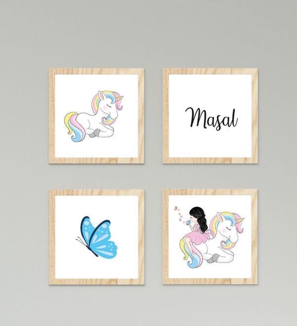 Cici Odam Çocuk Bebek Odası Tablo Renkli Unicorn Kelebek Kız - Image 1