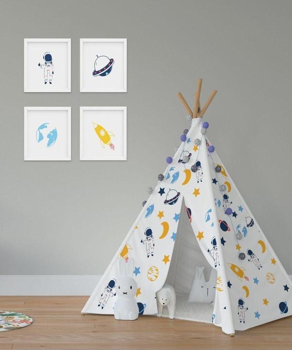Cici Odam Sarı Çerçeve, Gezegen Temalı Kızılderili Minderli Çocuk Oyun Çadırı 110x110 Cm - Image 1
